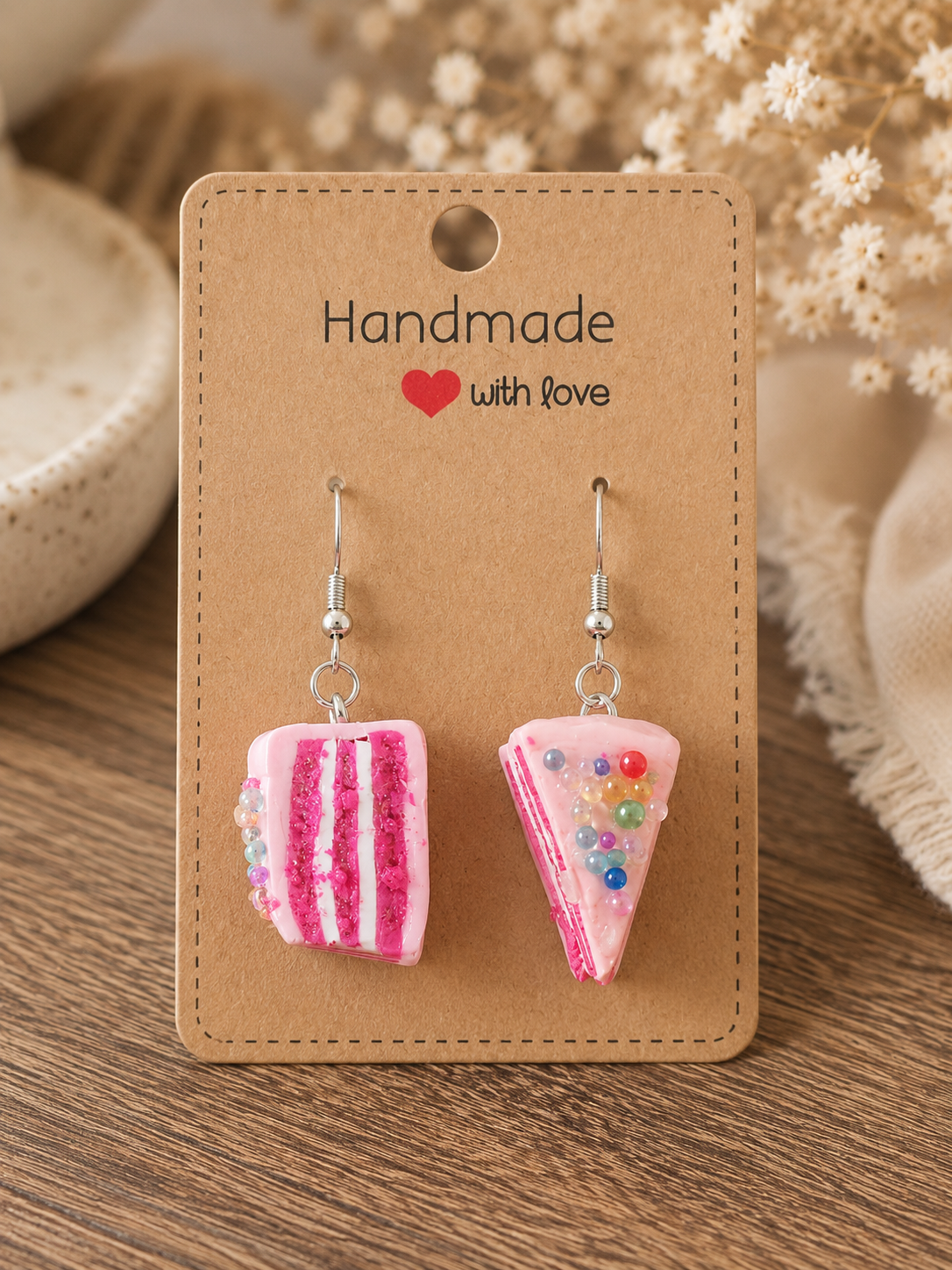 Pink Cake Slice Dangle Earrings